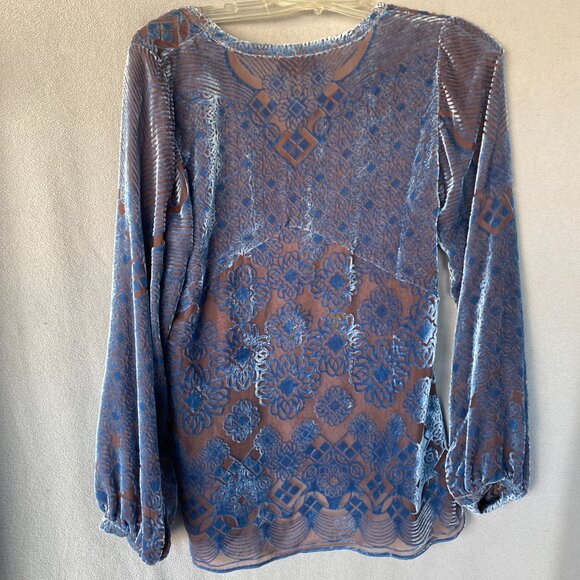 Hale Bob Blue Burnout Velvet Sheer Boho Blouse Size XS | Long Sleeve Peasant Top - Picture 6 of 7